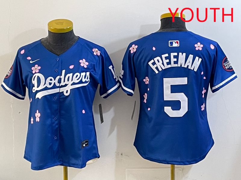 Youth Los Angeles Dodgers #5 Freeman Blue Sakura Edition 2025 Nike MLB Jersey style 1->youth mlb jersey->Youth Jersey